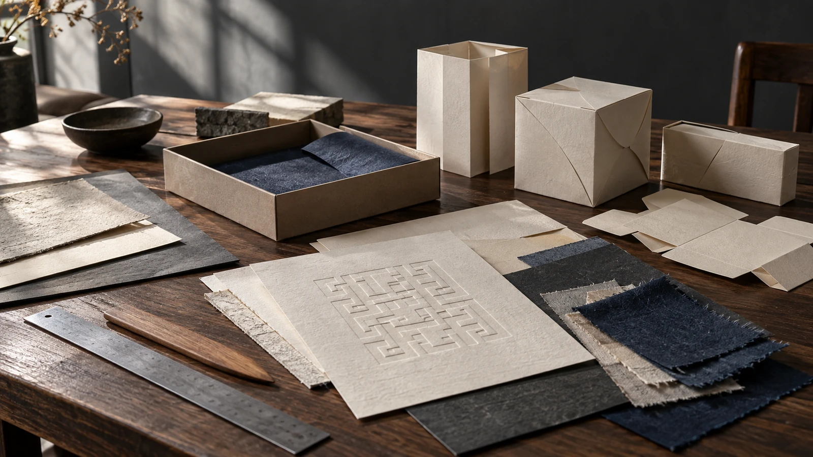 Arrangement of paper, tools and materials on a design worktable