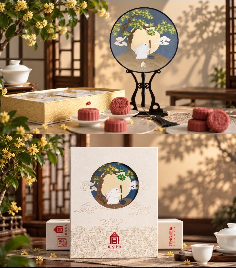Product details of the gift box and the circular rabbit-and-osmanthus illustration