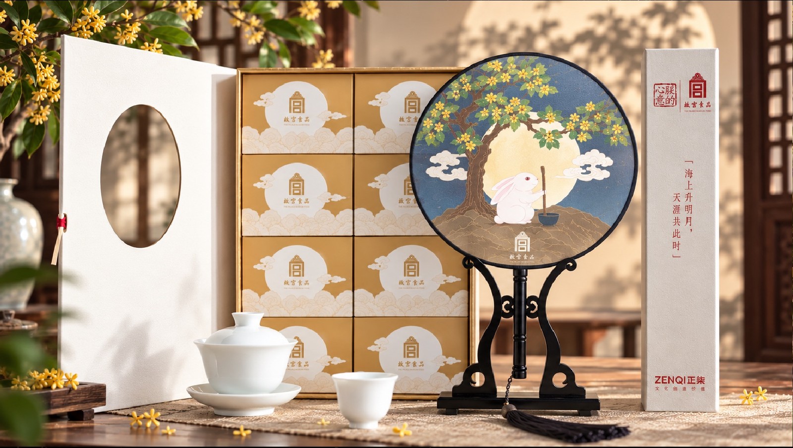 The Palace Museum mooncake gift box with a rabbit-and-osmanthus illustration